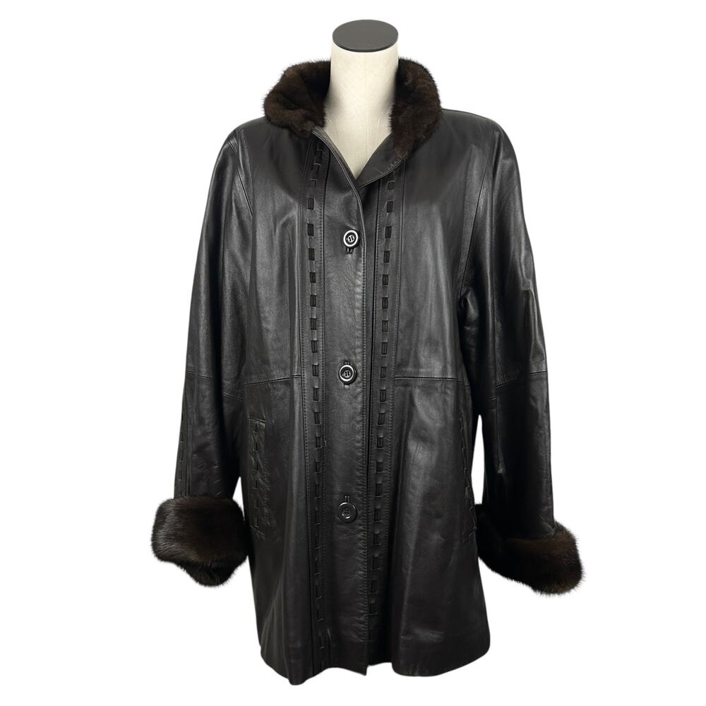 Vintage 70s True Vintage Brown Leather Mink Trim Fur Button Front Leather Coat